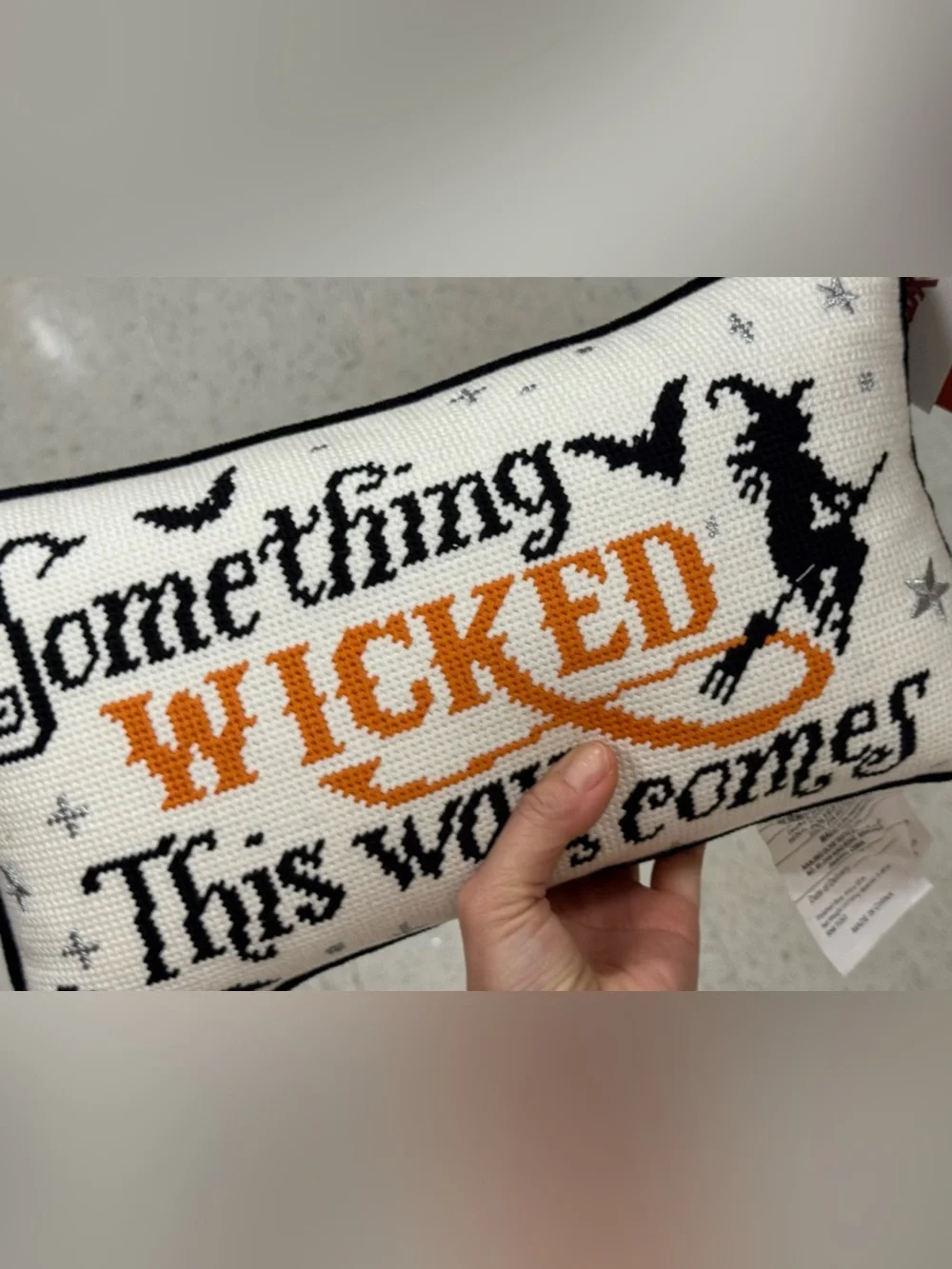 Embroidered 'Wicked' Accent Pillow in White, Black & Orange